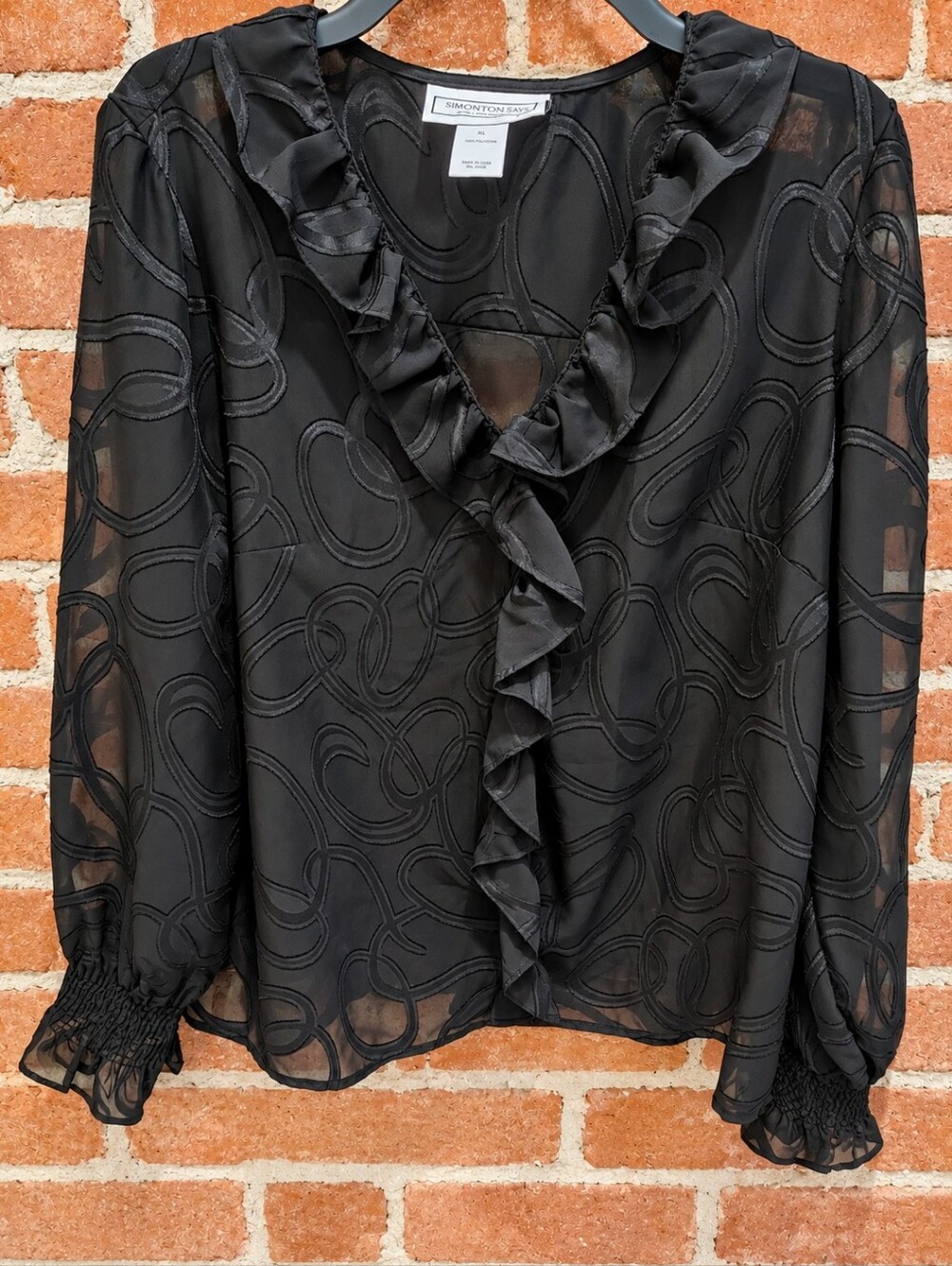 Simonton Says George Simonton XL Black Sheer Ruffle Textured Blouse